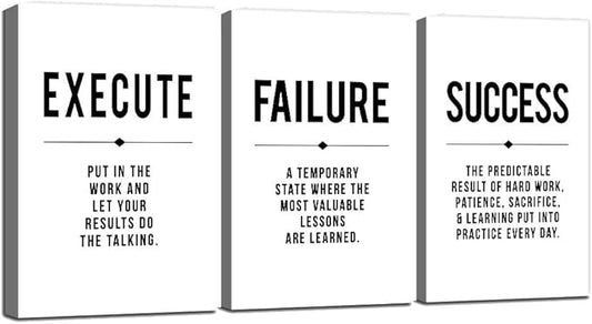Framed Canvas Wall Art Success Quote, Office Wall Art, Black Large Poster, Positive Motivational Set of 3 Prints, Execute Failure Success Poster, Inspirational Print (D-3pcs,16x24inchx3pcs)-FlexoryFit