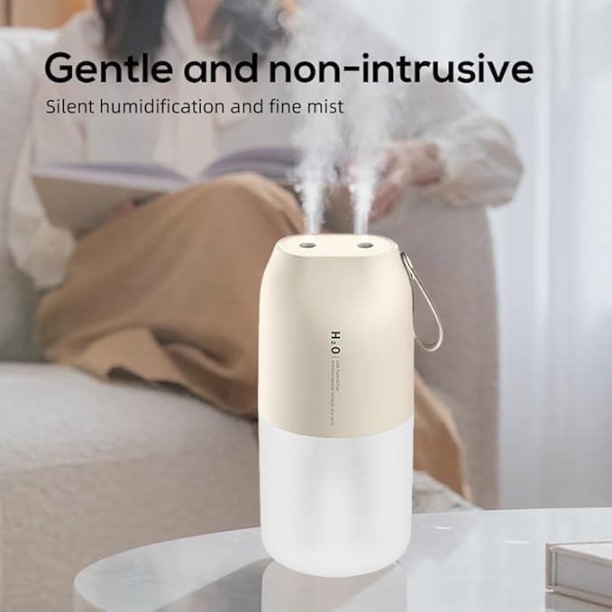 Dual Nozzle Portable Humidifier 300ml with Dual Spray Modes and Night Light for Bedroom and Car