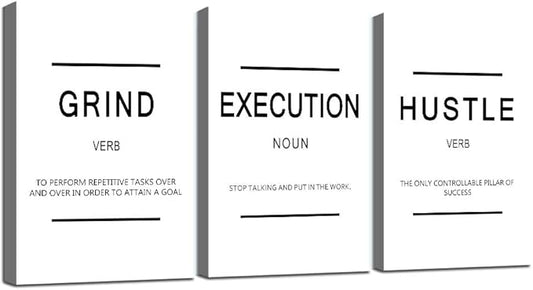 Framed Canvas Wall Art Success Quote, Office Wall Art, White Large Poster, Positive Motivational Set of 3 Prints, Grind Execution Hustle Poster, Inspirational Print-FlexoryFit