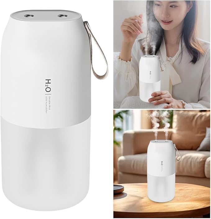 Dual Nozzle Portable Humidifier 300ml with Dual Spray Modes and Night Light for Bedroom and Car