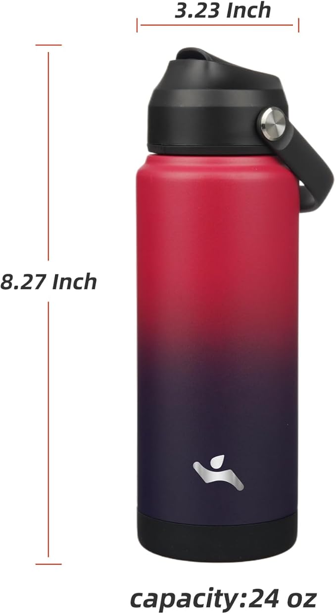 Insulated Water Bottle with Straw Lid,24 oz Stainless Steel Vacuum Metal Bottle with Silicone Handle,Rosy Red-FlexoryFit