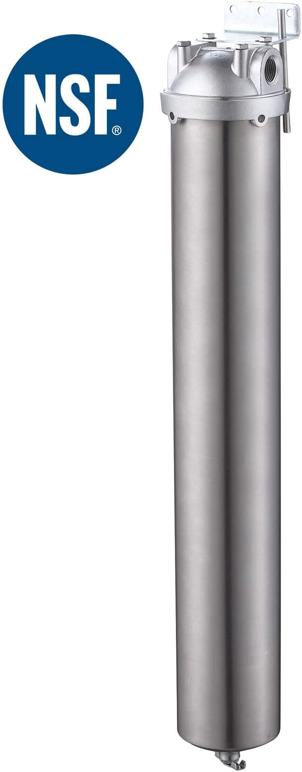Amwater NSF/ANSI 42 Stainless Steel Whole House Water Filter Housing, 20" x 2.5" Sediment Water Filter System for Heavy Duty, Well & City Water, 3/4" NPT Port, Drain Valve Style A