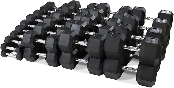 WF Athletic Supply Rubber Coated Hex Dumbbell Set, Multiple Choices Available - Dumbbells with Rack Stand and Mat, or Dumbbells Only (200/550/1200/2100/3000 LB)-FlexoryFit