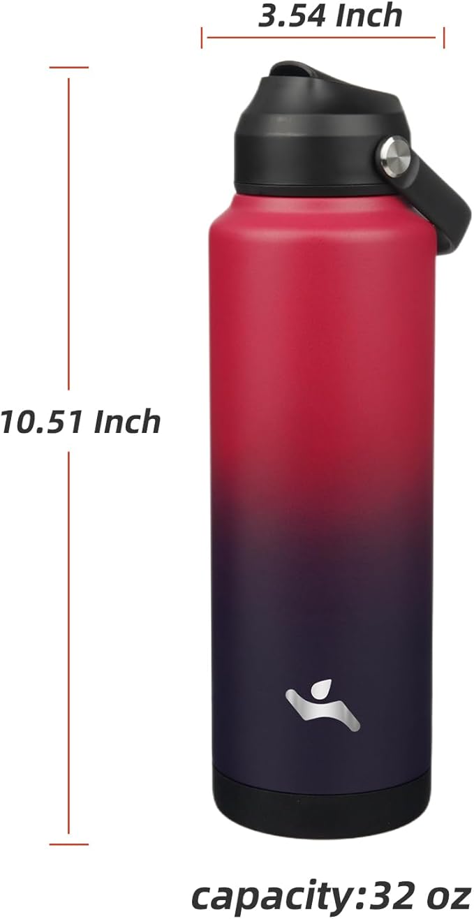 Insulated Water Bottle with Straw Lid,40 oz Stainless Steel Vacuum Metal Bottle with Silicone Handle,Rosy Red-FlexoryFit