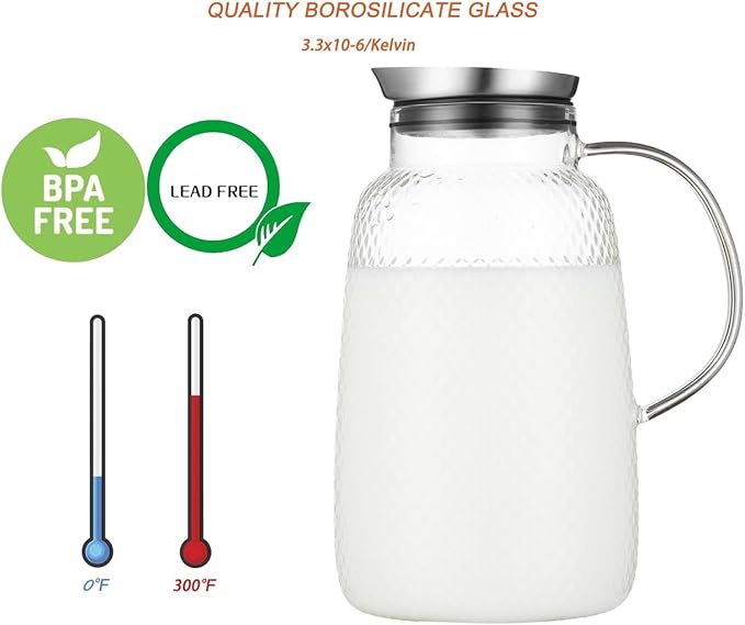 Purefold Pitcher with Lid, 78 oz Glass Jug with Stainless Steel Lid for Hot and Cold Water, Fruit Tea, Coffee Maker, Ice Tea, Juice, Pineapple Series (Clear)
