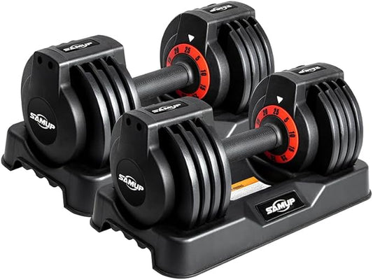 25/55 lbs Pair Adjustable Dumbbells Set, Adjustable Weights Dumbbells Set for Men and Women with Anti-Slip Fast Adjust Weight by Turning Handle,Black Dumbbell with Tray-FlexoryFit