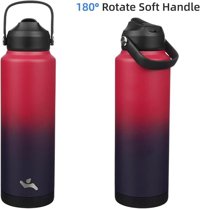 Insulated Water Bottle with Straw Lid,40 oz Stainless Steel Vacuum Metal Bottle with Silicone Handle,Rosy Red-FlexoryFit