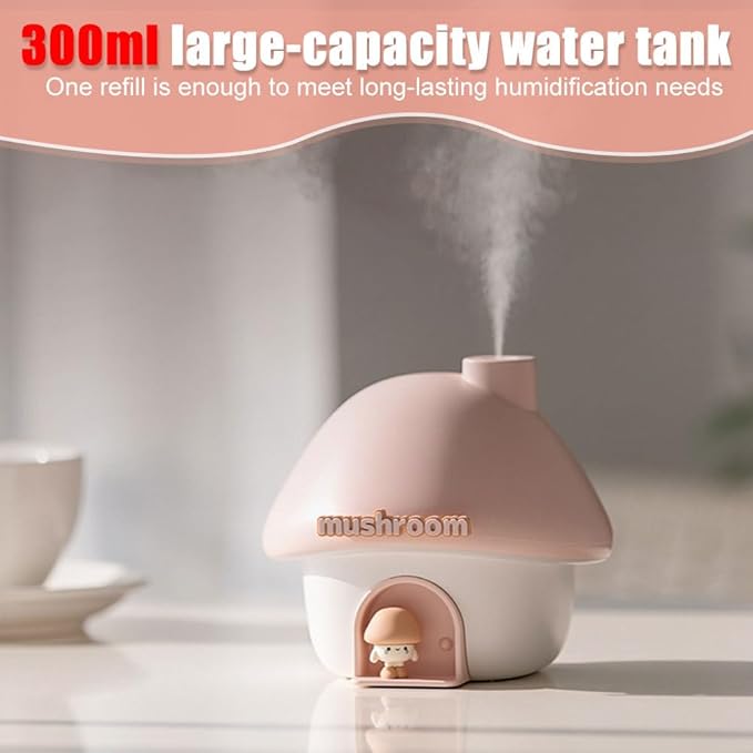 Mushroom Humidifier, 300ML Mist Humidifier, Portable Air Humidifer with Night Light for Bedroom Office Car