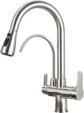 HUAHUALALA Kitchen Sink Faucet with Pull Down Sprayer 2 Handle 3 in 1 Water Filter Purifier Faucets, Brass Drinking Water Faucet Reverse Osmosis Brushed Nickel