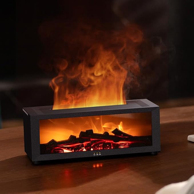 Eseential Oil Diffuser, Fireplace Flame Oil Diffuser - Aromatherapy Aroma Humidifier, Upgrade 7 Flame Colors Noiseless 150ml Remote Control - Perfect for Bedroom Home Office (Fireplace White)