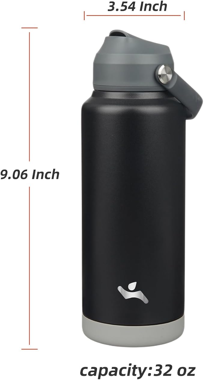 Insulated Water Bottle with Straw Lid,32 oz Stainless Steel Vacuum Metal Bottle with Silicone Handle,Black-FlexoryFit