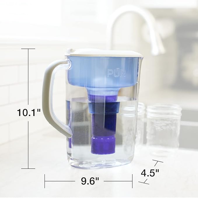 PUR Plus 7-Cup Water Pitcher, 1 Lead-Reducing Filter, Cleaner, Great-tasting Water, Dishwasher Safe, Powerful Filtration, Filter Change Light Indicator, LockFit Cap Design - White