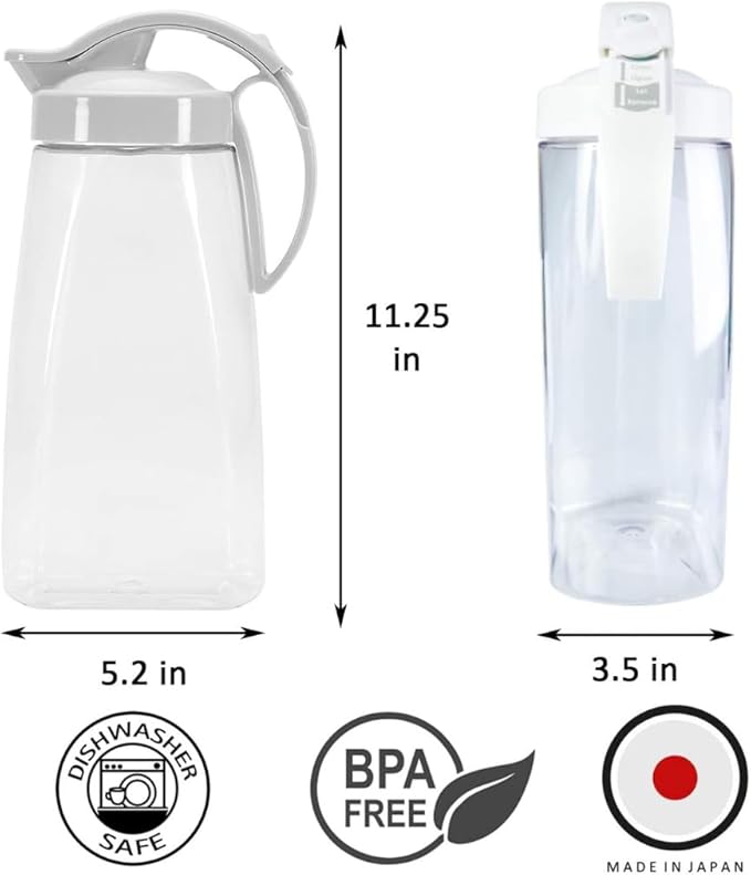 One-Touch Airtight Pitcher with Lid, 2.3QT (74oz) – Heat Resistant, Leakproof Quickpour Jug for Hot & Cold Drinks, Coffee, Tea, Water, Space-Saving, Dishwasher Safe, Made in Japan