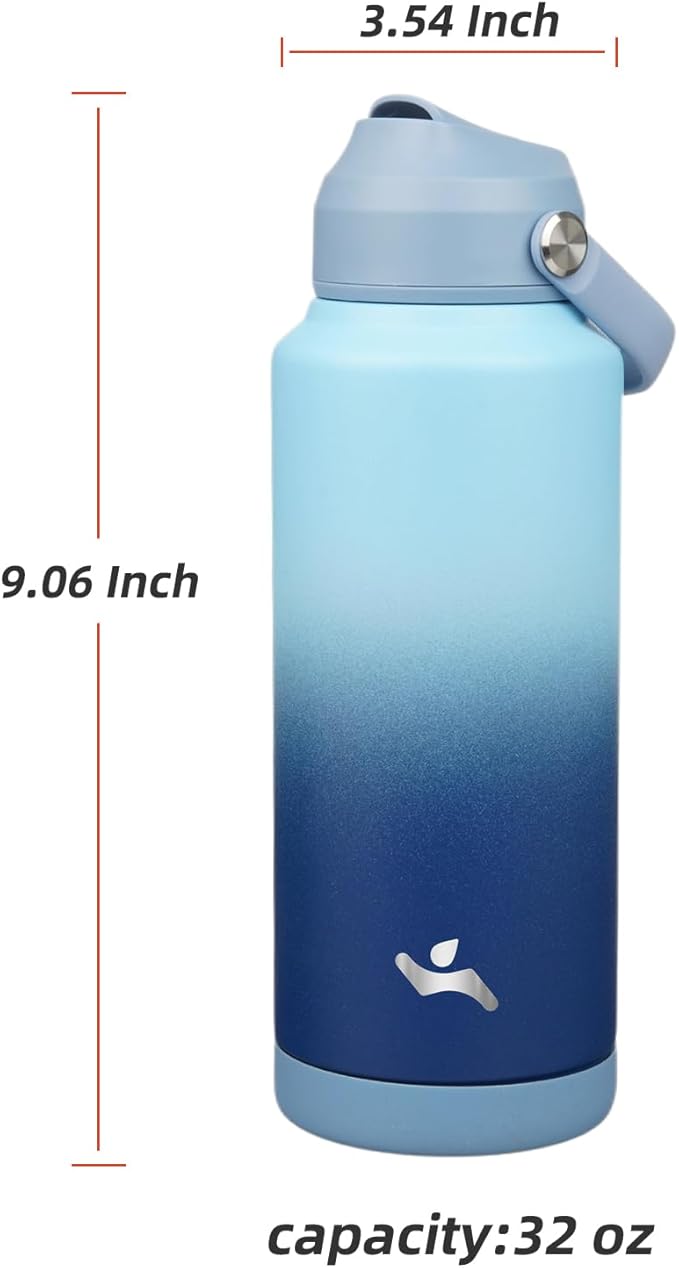 Insulated Water Bottle with Straw Lid,32 oz Stainless Steel Vacuum Metal Bottle with Silicone Handle, Sky-FlexoryFit