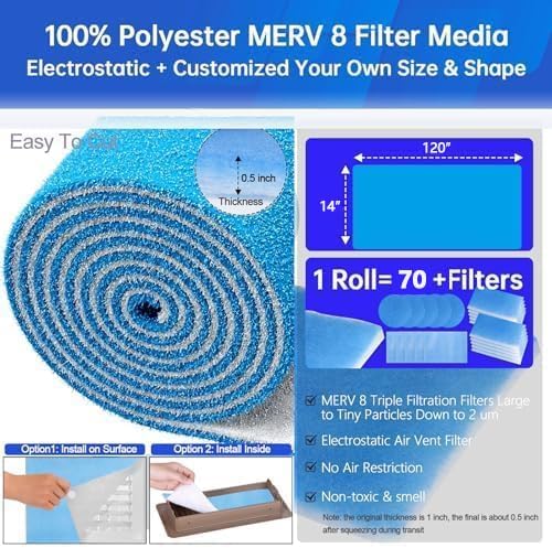 Air Vent Filters,14"x120"Cut to Fit Air Filter Material (70+Filters),MERV 8 Electrostatic Air Vent Filter for Home Floor, Grilles, Ceiling, HVAC Furnace Vents, With 48PCs Adhesive Hook Tape