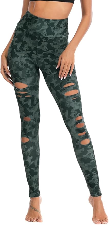 DIBAOLONG Womens High Waist Yoga Pants Cutout Ripped Tummy Control Workout Running Yoga Skinny Leggings-FlexoryFit