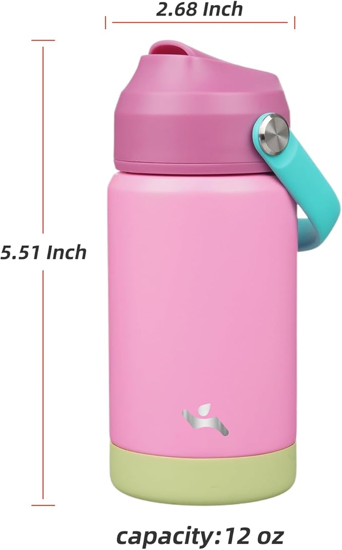 Insulated Water Bottle with Straw Lid,12 oz Stainless Steel Vacuum Metal Bottle with Silicone Handle,Rose Pink-FlexoryFit