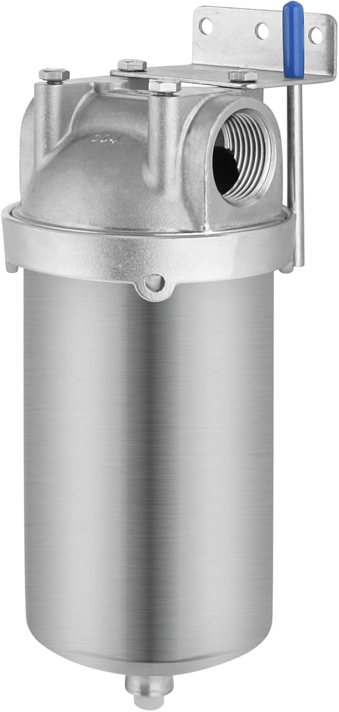 Amwater NSF/ANSI 42 Stainless Steel Whole House Water Filter Housing, 5" x 2.5" Sediment Water Filter System for Heavy Duty, Well & City Water, 3/4" NPT Port, Drain Valve Style C