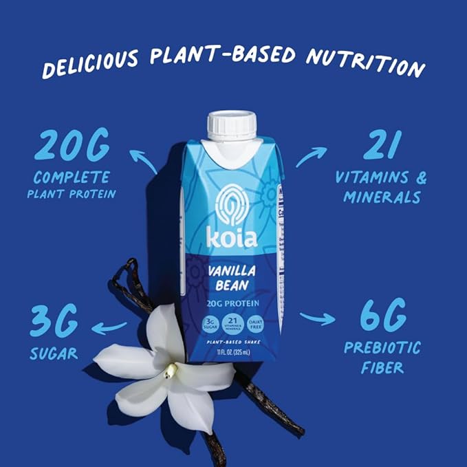 Koia Plant Based Protein Shake, Vanilla Bean, 20g Protein, 3g Sugar, 6g Prebiotic Fiber, 21 Vitamins & Minerals, Meal Replacement Drinks, Dairy-Free, Gluten-Free, Non-GMO, 11 Fl Oz (Pack of 12)-FlexoryFit