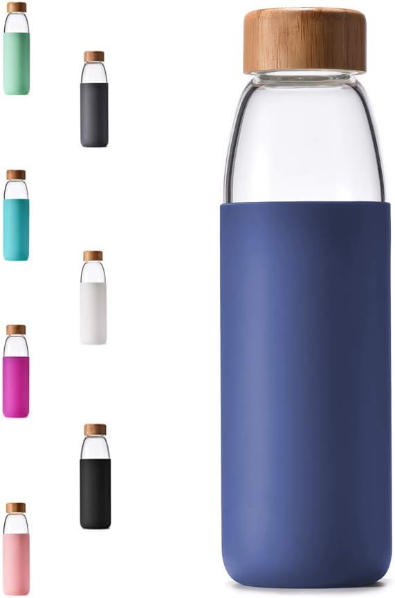 veegoal 25 Oz Borosilicate Glass Water Bottles with Bamboo Lid, BPA-FREE, Non-Slip Silicone Sleeve, and Stainless Steel Leak Proof Lid - Reusable Glass Bottle for Men and Women