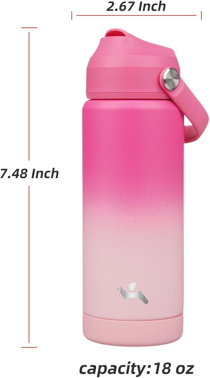 Insulated Water Bottle with Straw Lid,18 oz Stainless Steel Vacuum Metal Bottle with Silicone Handle,Cherry Blossom-FlexoryFit