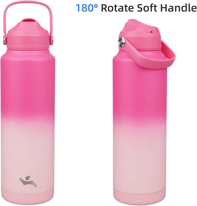 Insulated Water Bottle with Straw Lid,40 oz Stainless Steel Vacuum Metal Bottle with Silicone Handle,Cherry Blossom-FlexoryFit