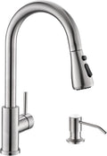 Kicimpro Kitchen Sink Faucet with Soap Dispenser, 3 Modes Kitchen Faucet with Pull Down Sprayer and Soap Dispenser, 304 Stainless Brushed Nickel Single Handle Kitchen Bar Faucets with Water Lines