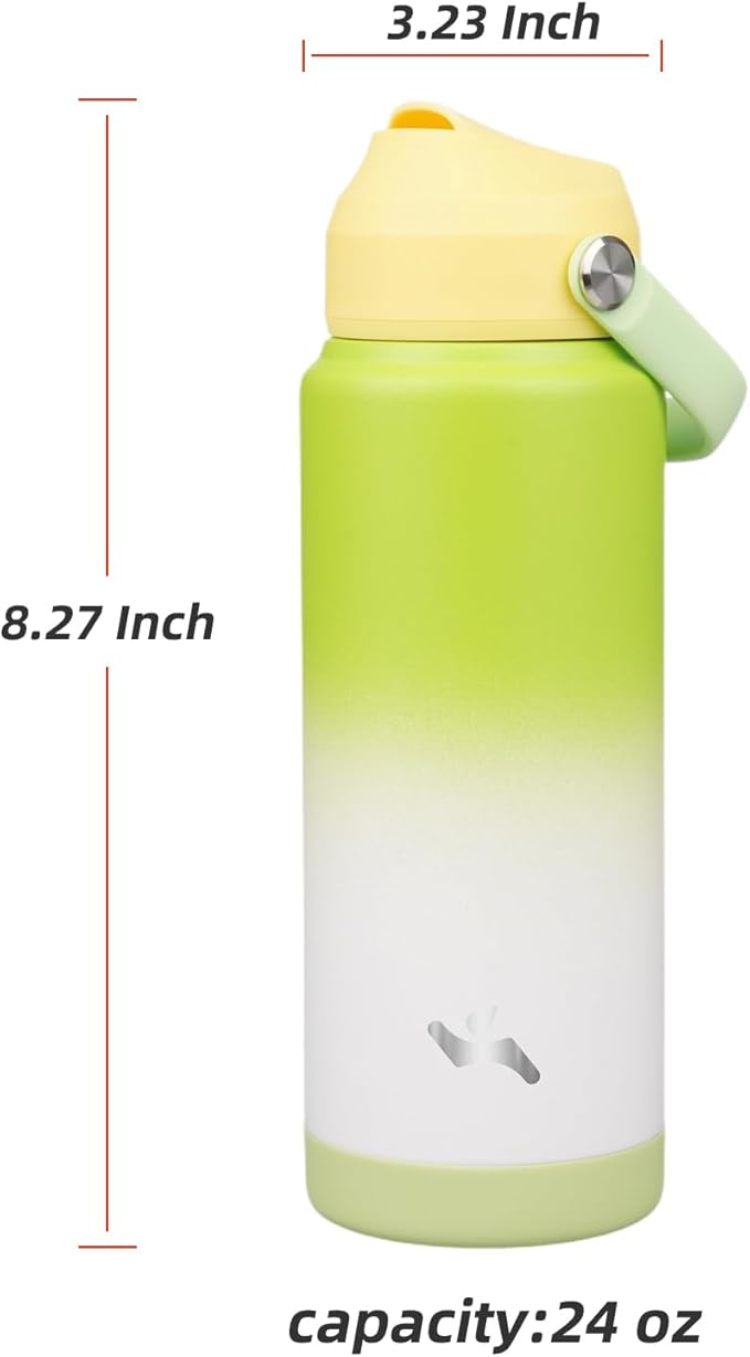 Insulated Water Bottle with Straw Lid,24 oz Stainless Steel Vacuum Metal Bottle with Silicone Handle,GreenWhite-FlexoryFit