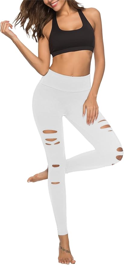 DIBAOLONG Womens High Waist Yoga Pants Cutout Ripped Tummy Control Workout Running Yoga Skinny Leggings-FlexoryFit