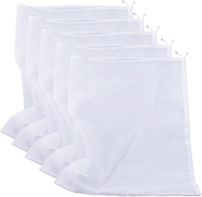 75 Micron Nylon Straining Bag Fine Mesh Food Strainer Bag, Multi Purpose Food Grade Filter Bag for Nut Milk, Juice, Cold Brew, Home Brewing (25.39" x 18.89", 5 Packs)