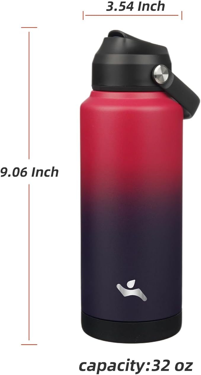 Insulated Water Bottle with Straw Lid,32 oz Stainless Steel Vacuum Metal Bottle with Silicone Handle,Rosy Red-FlexoryFit