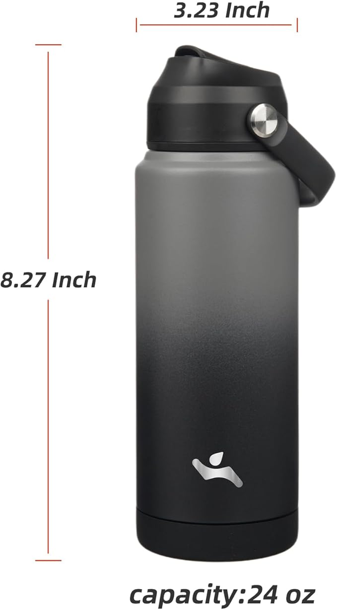 Insulated Water Bottle with Straw Lid,24 oz Stainless Steel Vacuum Metal Bottle with Silicone Handle,Gray Black-FlexoryFit