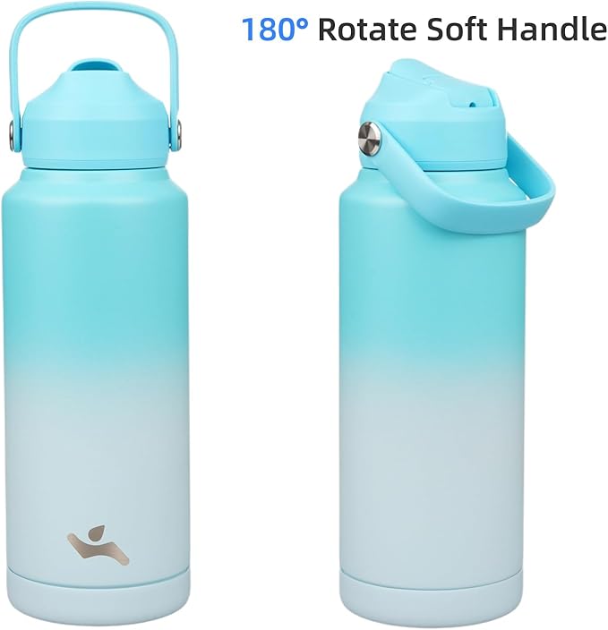 Insulated Water Bottle with Straw Lid,32 oz Stainless Steel Vacuum Metal Bottle with Silicone Handle,Sea Salt-FlexoryFit