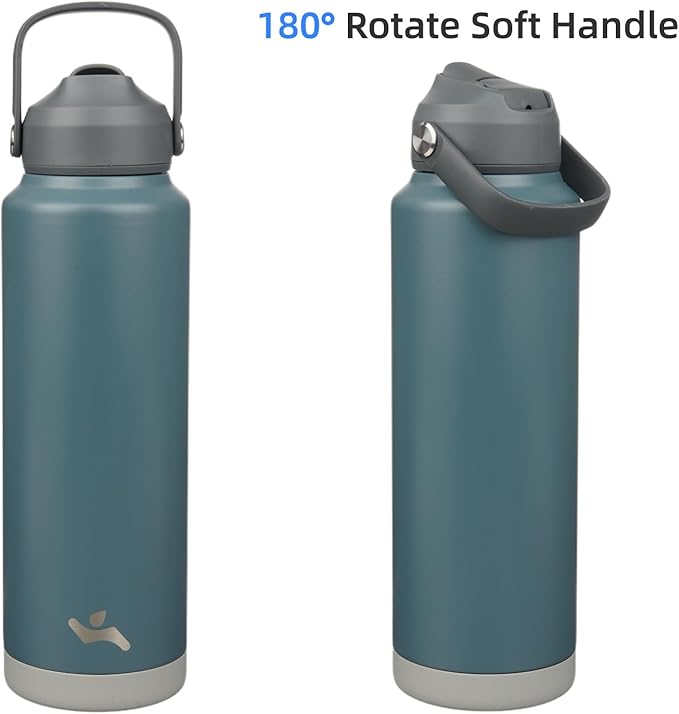 Insulated Water Bottle with Straw Lid,40 oz Stainless Steel Vacuum Metal Bottle with Silicone Handle,Dark Gray-FlexoryFit