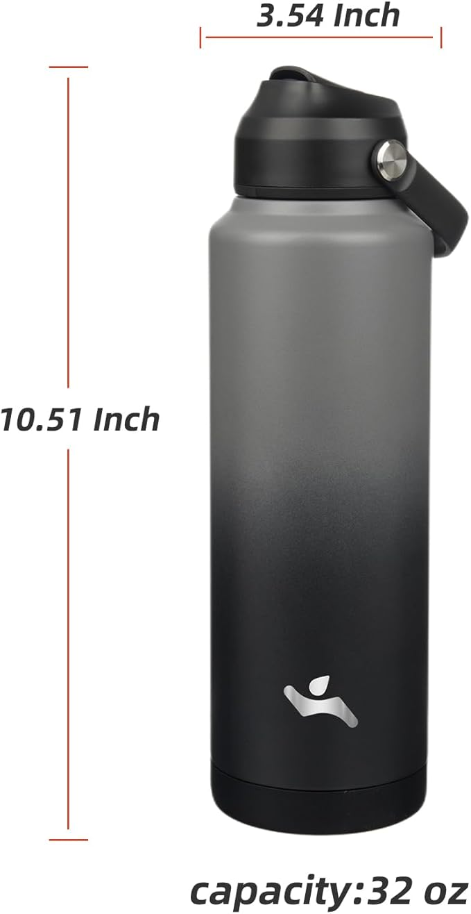 Insulated Water Bottle with Straw Lid,40 oz Stainless Steel Vacuum Metal Bottle with Silicone Handle,Gray Black-FlexoryFit