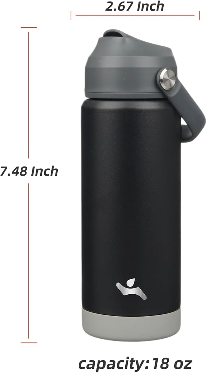 Insulated Water Bottle with Straw Lid,18 oz Stainless Steel Vacuum Metal Bottle with Silicone Handle,Black-FlexoryFit