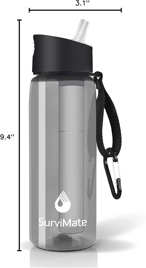 SurviMate 5-Stage 0.01μm Ultra-Filtration Filtered Water Bottle, BPA-Free Material, NSF/ANSI 42&372 Certified, Portable Water Filter Bottle for Survival, Camping, Hiking, and Emergency Use