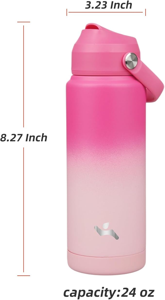 Insulated Water Bottle with Straw Lid,24 oz Stainless Steel Vacuum Metal Bottle with Silicone Handle,Cherry Blossom-FlexoryFit