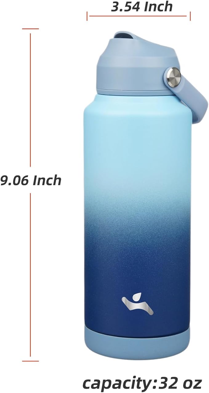 Insulated Water Bottle with Straw Lid,32 oz Stainless Steel Vacuum Metal Bottle with Silicone Handle,Gray Black-FlexoryFit