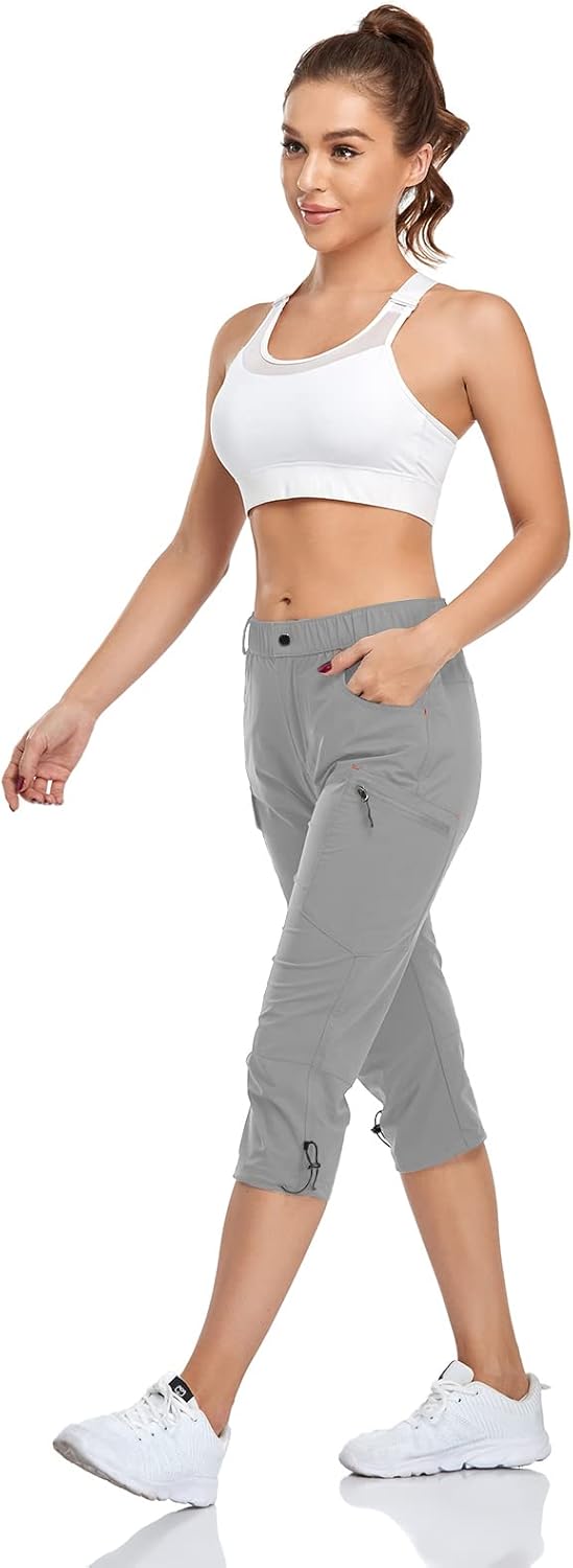 GymBrave Women's Hiking Cargo Pants Quick Dry Outdoor Camping Capris Water Resistant UPF 50 with Zipper Pockets