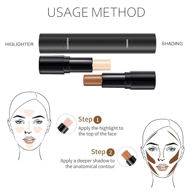 2 Colors Cream Contour Sticks Makeup Kit, Primer Face Highlighter Contouring for Beginners, Highlight and Contour Kit, Cream Concealer Makeup Blur Stick, Primer Face Corrector 3#-FlexoryFit