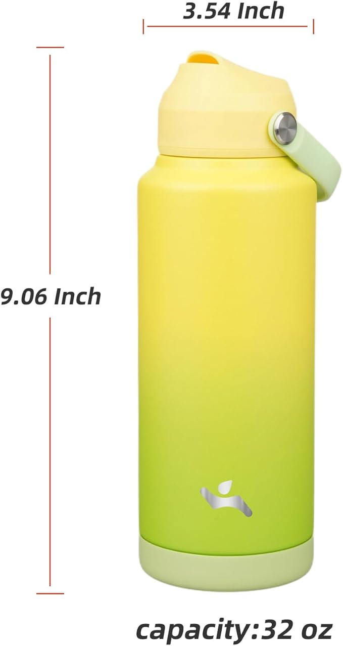 Insulated Water Bottle with Straw Lid,32 oz Stainless Steel Vacuum Metal Bottle with Silicone Handle,Lime-FlexoryFit