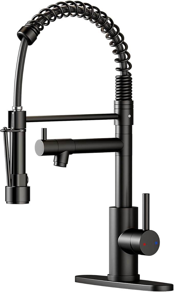 Commercial Pull-Down Kitchen Sink Faucet - Single Handle, Dual Spout, Stainless Steel, with Countertop & Sprayer (Black-03)