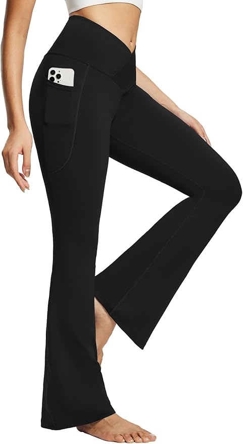 baleaf Women's V Crossover Flare Leggings with Pockets Yoga Pants High Waist Casual Workout Gym Bell Bottom Leggings-FlexoryFit