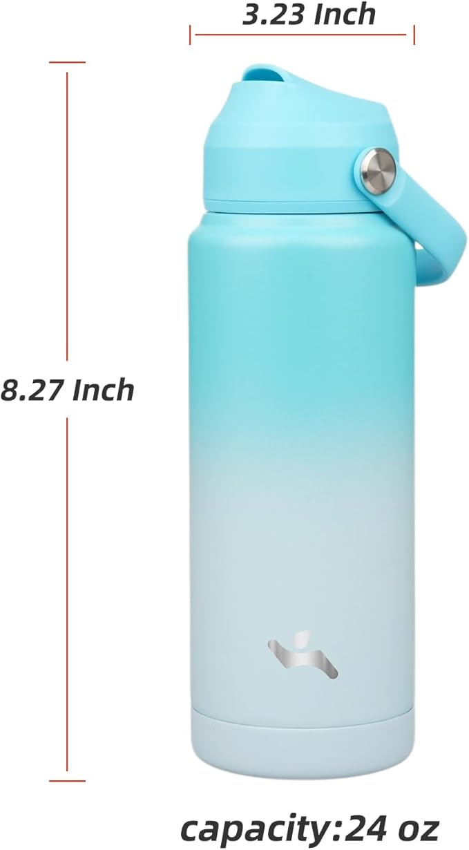 Insulated Water Bottle with Straw Lid,24 oz Stainless Steel Vacuum Metal Bottle with Silicone Handle,Sea Salt-FlexoryFit