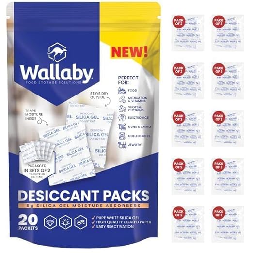 Wallaby 5 gram (20 Packets) Food Safe Pure White Silica Gel Desiccant Dehumidifier Packs - Rechargeable & Coated Moisture Absorbers - Protects Against Moisture Damage - (Packed in 10x Sets of 2)