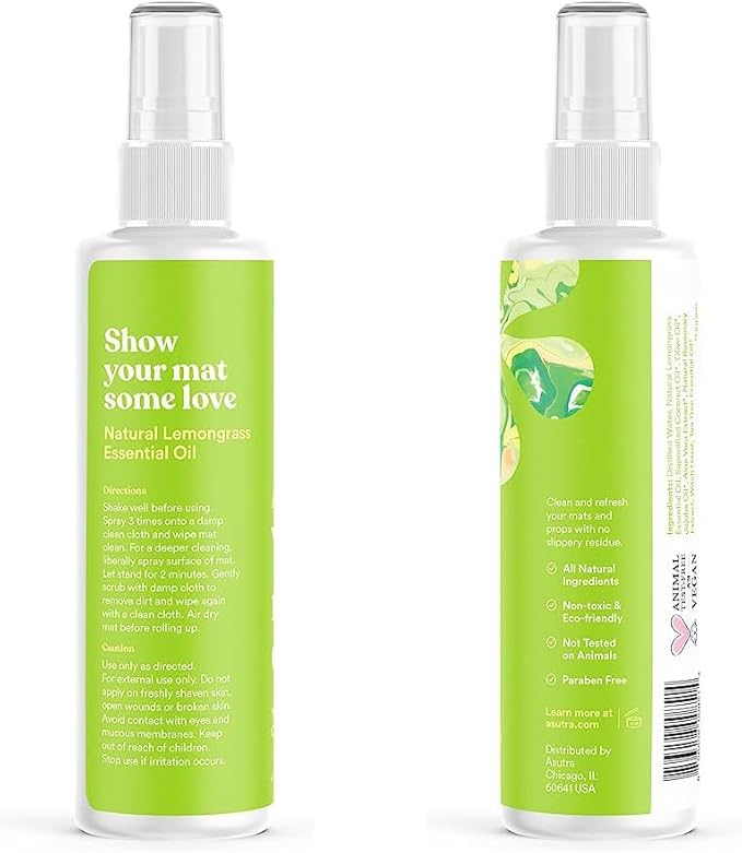 ASUTRA Yoga Mat Cleaner Spray (Mindful Lemongrass), 4 fl oz - No Slippery Residue, Organic Essential Oils Deep-Cleansing for Fitness Gear & Gym Equipment, Microfiber Towel Included-FlexoryFit