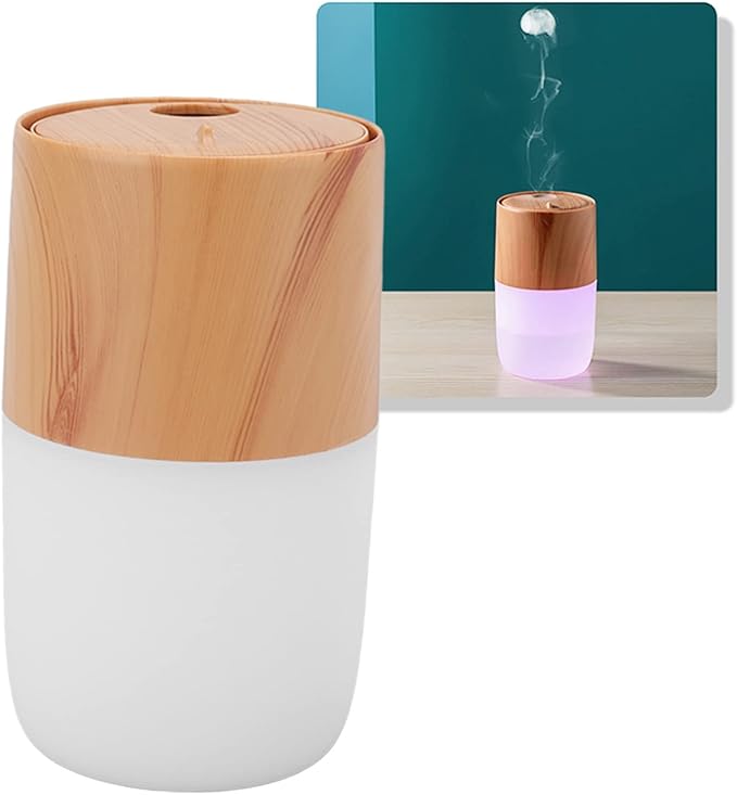 Portable Mist Humidifier, 300ml Capacity Personal Air Humidifier with Timing Function, Jellyfish Shaped Spray Mist, Mobile Using Office Humidifier with Colorful Night Light for(Light Wood Color)