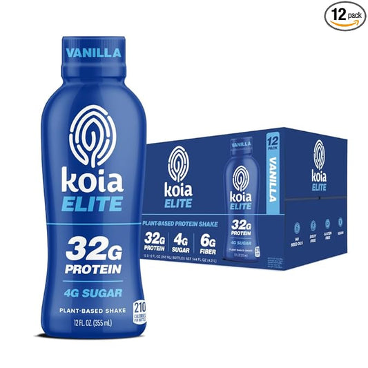 Koia Elite Plant Based Protein Shake, Vanilla, 32g Protein, 4g Sugar, 6g Prebiotic Fiber, Pre & Post Workout Nutritional Drink, No Seed Oils, Dairy-Free, Gluten-Free, Non-GMO, 12 Fl Oz (Pack of 12)-FlexoryFit