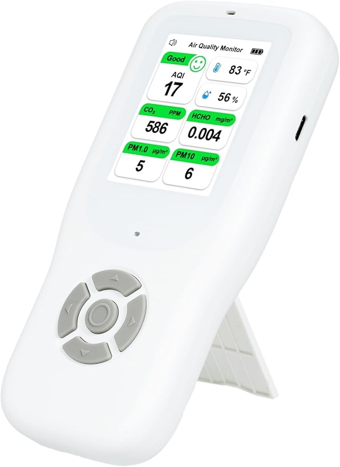 Air Quality Monitor Indoor, Handheld Air Quality Detector with Stand, Real-Time Air Meter Test AQI, PM1.0, PM2.5, PM10, CO2, TVOC, HCHO, Temperature and Humidity with Alert -White